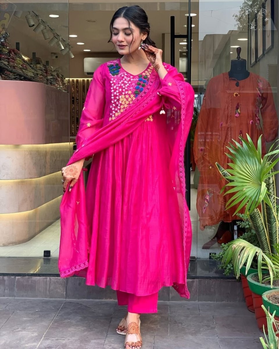 Indian Cotton Pink Embroidered Anarkali Flared Gown Kurti Dress Tunic Style - 001FASHIONFORWARD