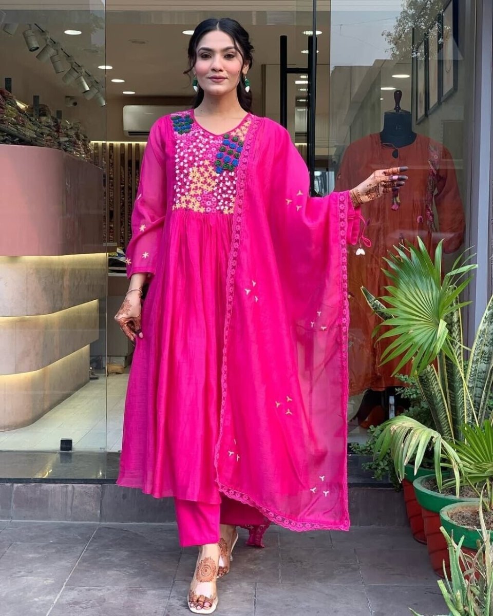 Indian Cotton Pink Embroidered Anarkali Flared Gown Kurti Dress Tunic Style - 001FASHIONFORWARD