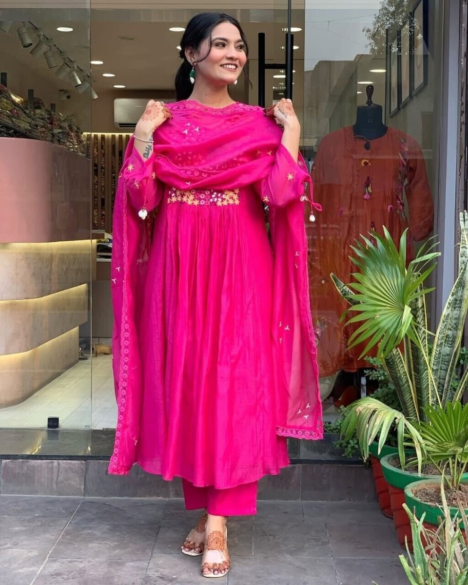 Indian Cotton Pink Embroidered Anarkali Flared Gown Kurti Dress Tunic Style - 001FASHIONFORWARD