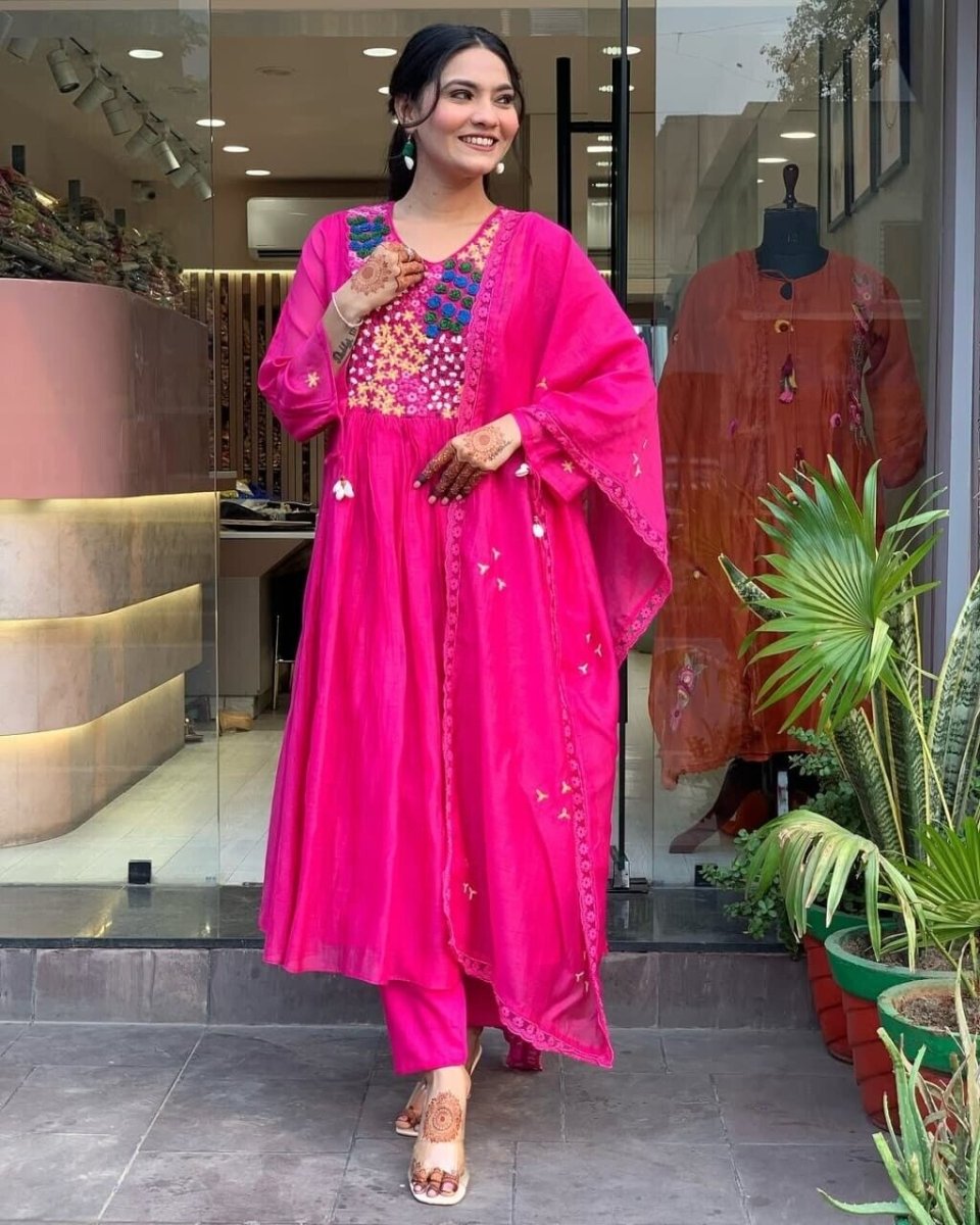 Indian Cotton Pink Embroidered Anarkali Flared Gown Kurti Dress Tunic Style - 001FASHIONFORWARD