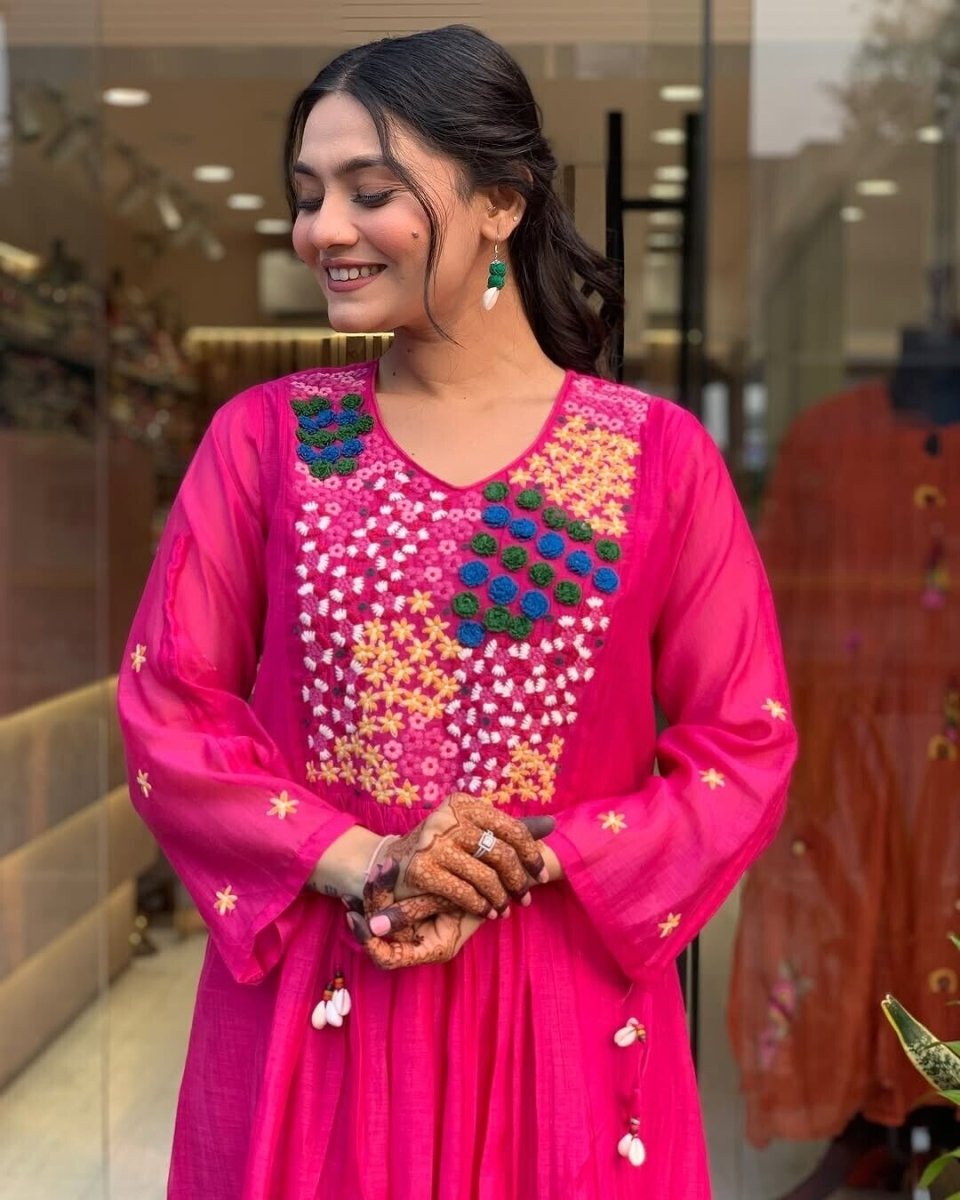 Indian Cotton Pink Embroidered Anarkali Flared Gown Kurti Dress Tunic Style - 001FASHIONFORWARD