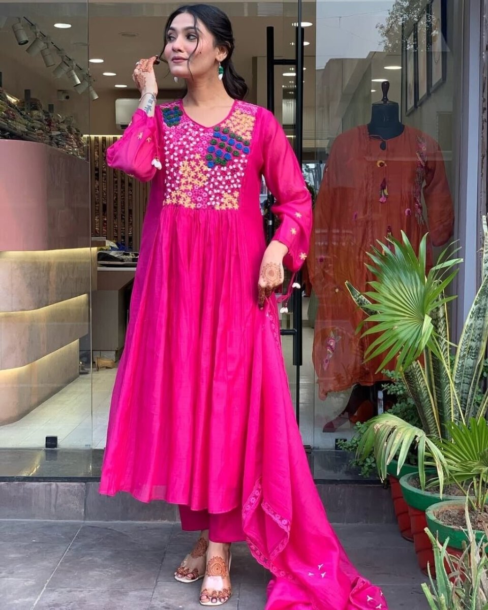 Indian Cotton Pink Embroidered Anarkali Flared Gown Kurti Dress Tunic Style - 001FASHIONFORWARD