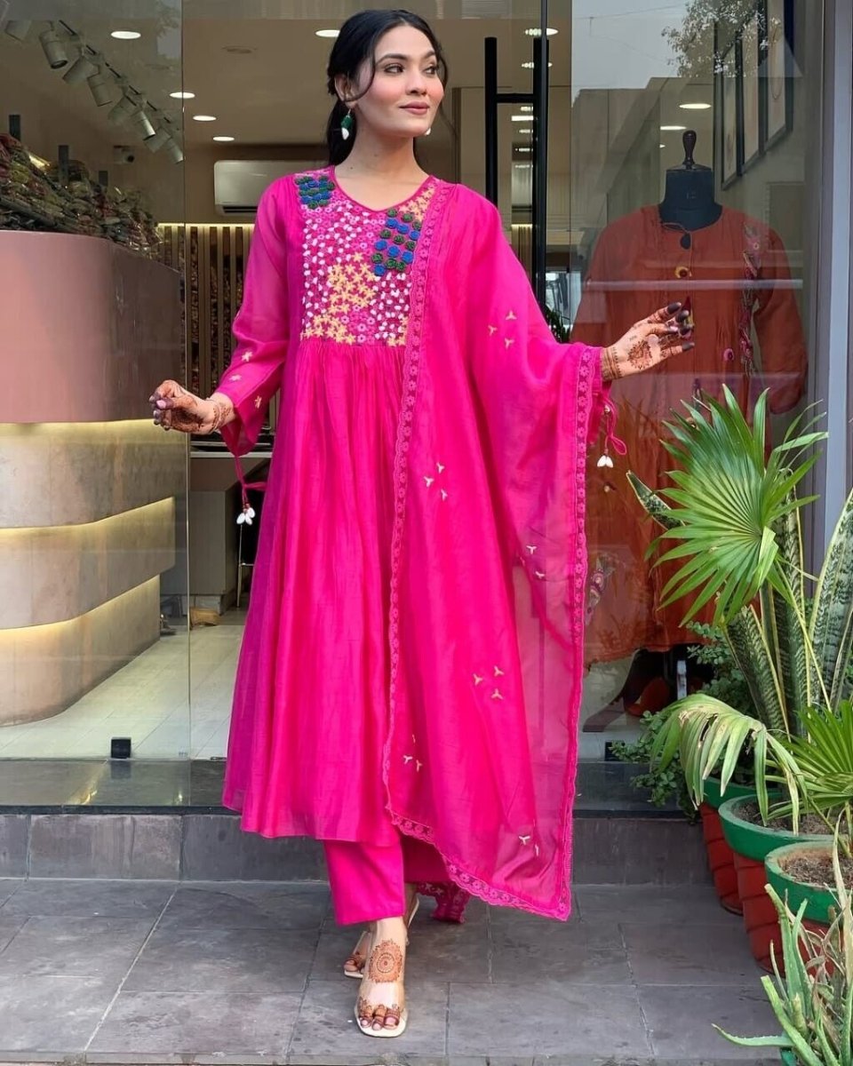 Indian Cotton Pink Embroidered Anarkali Flared Gown Kurti Dress Tunic Style - 001FASHIONFORWARD