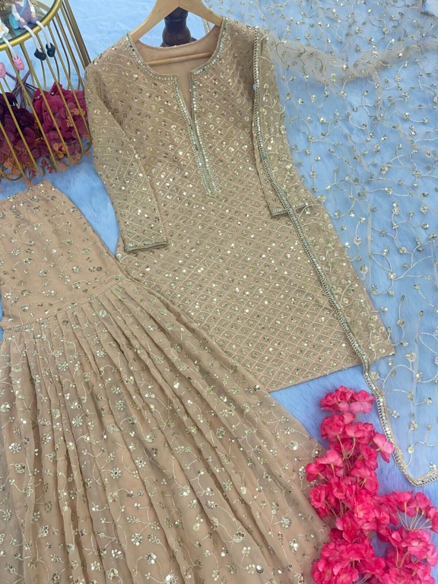 Indian Georgette Sharara Palazzo Kurti Set Readymade Wedding Dress for Girl - 001FASHIONFORWARD