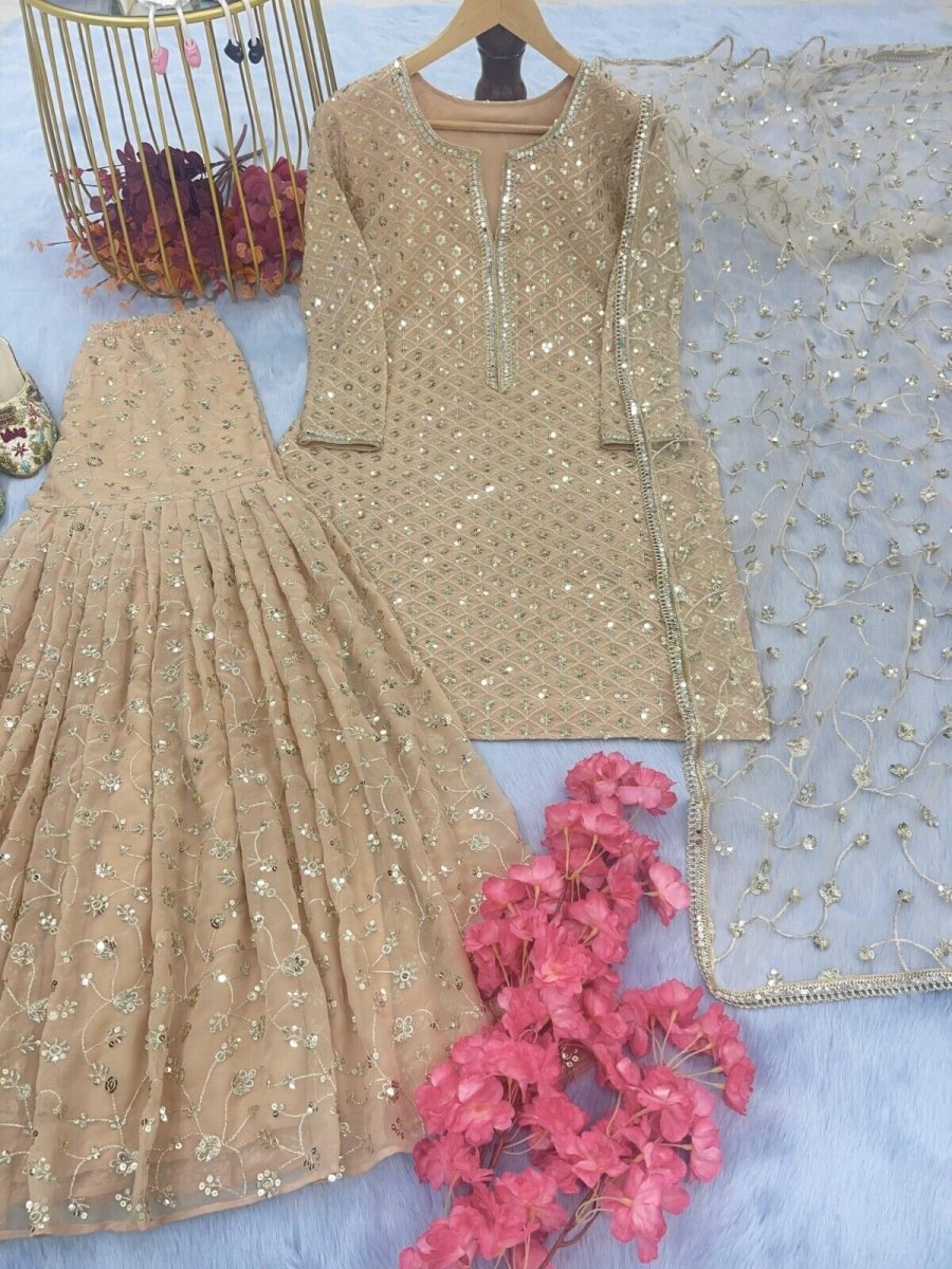 Indian Georgette Sharara Palazzo Kurti Set Readymade Wedding Dress for Girl - 001FASHIONFORWARD