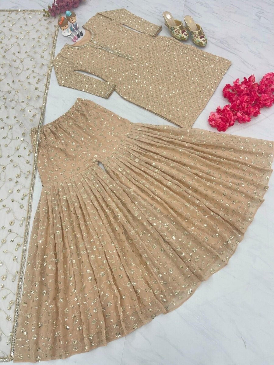 Indian Georgette Sharara Palazzo Kurti Set Readymade Wedding Dress for Girl - 001FASHIONFORWARD