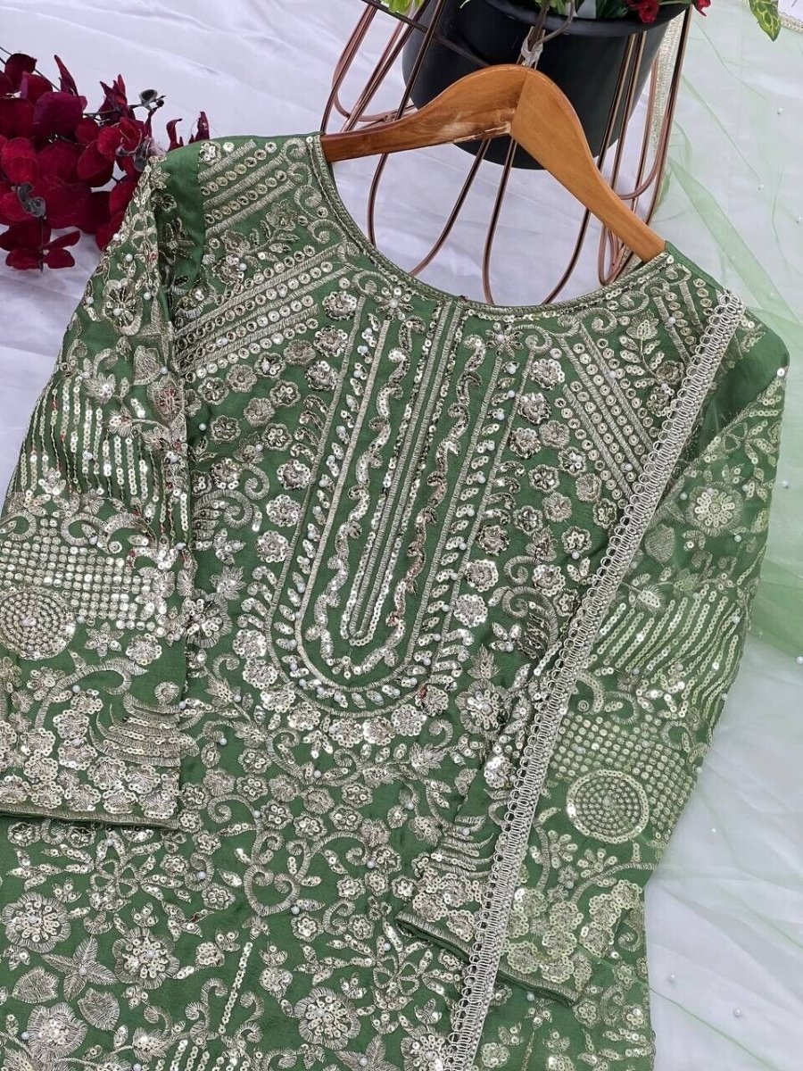 Indian Green Chinnon Silk Sharara Palazzo Salwar Kameez Set with Net Dupatta - 001FASHIONFORWARD
