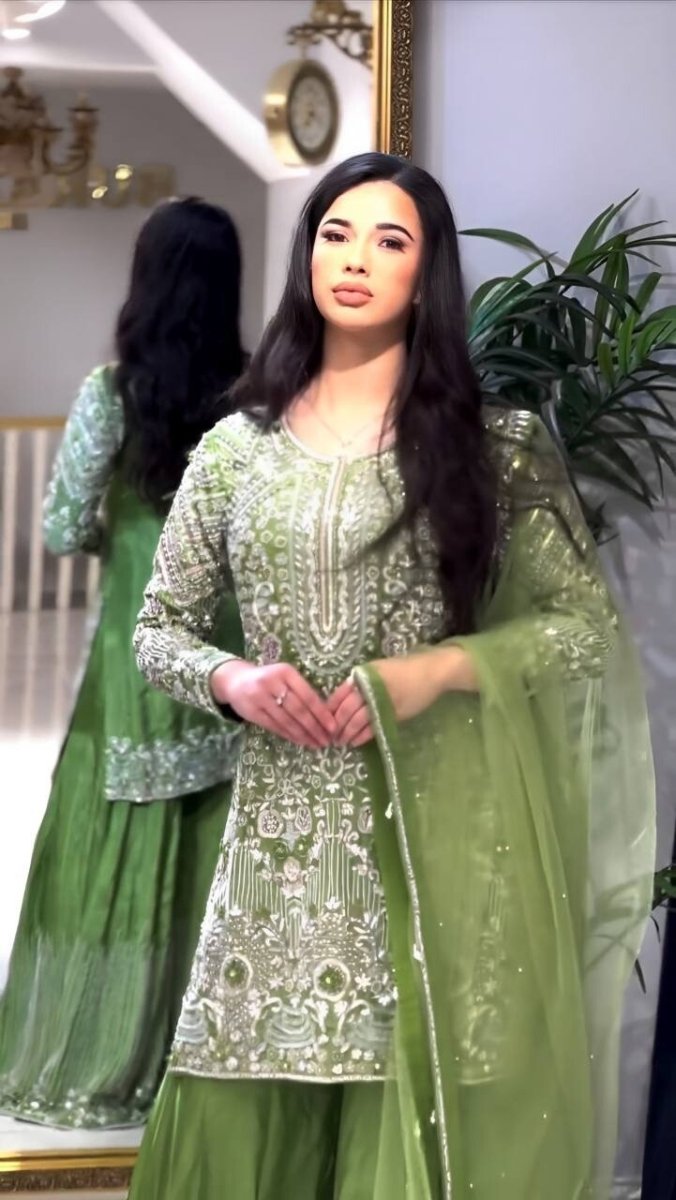 Indian Green Chinnon Silk Sharara Palazzo Salwar Kameez Set with Net Dupatta - 001FASHIONFORWARD