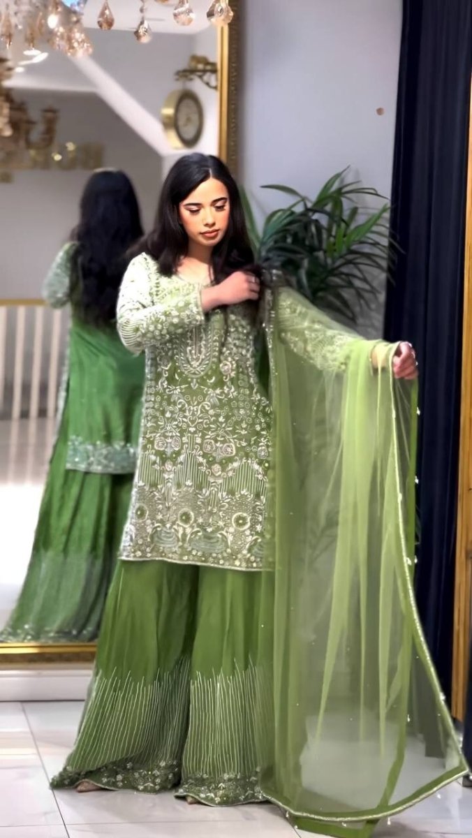 Indian Green Chinnon Silk Sharara Palazzo Salwar Kameez Set with Net Dupatta - 001FASHIONFORWARD
