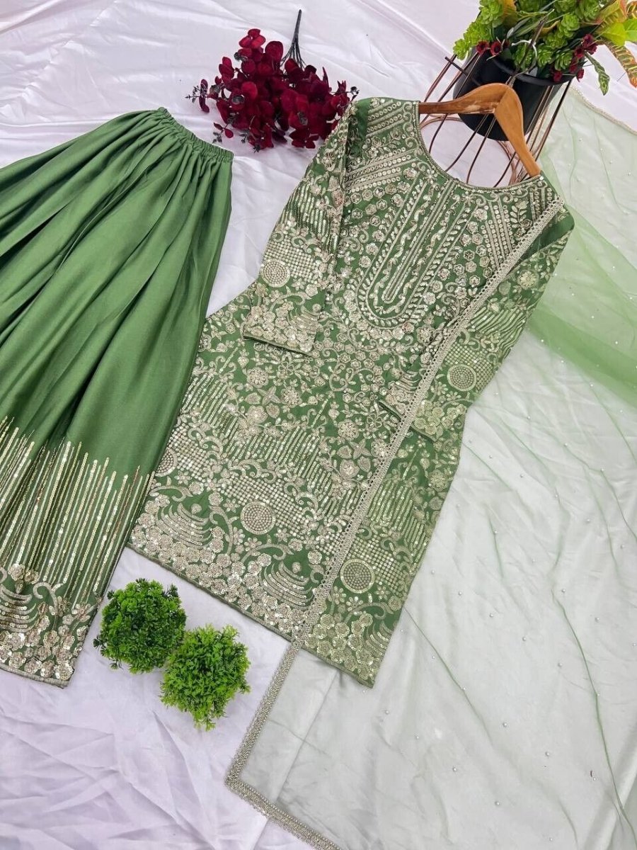 Indian Green Chinnon Silk Sharara Palazzo Salwar Kameez Set with Net Dupatta - 001FASHIONFORWARD