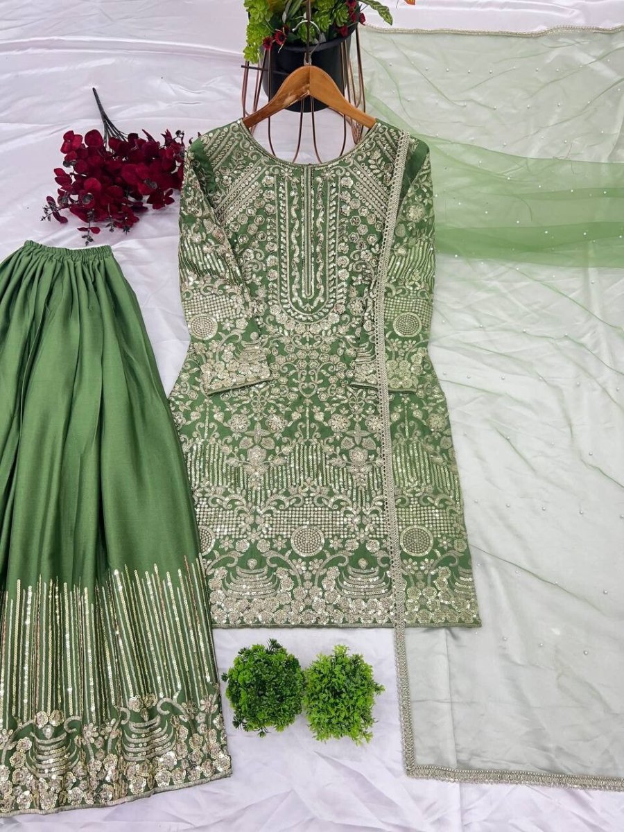 Indian Green Chinnon Silk Sharara Palazzo Salwar Kameez Set with Net Dupatta - 001FASHIONFORWARD