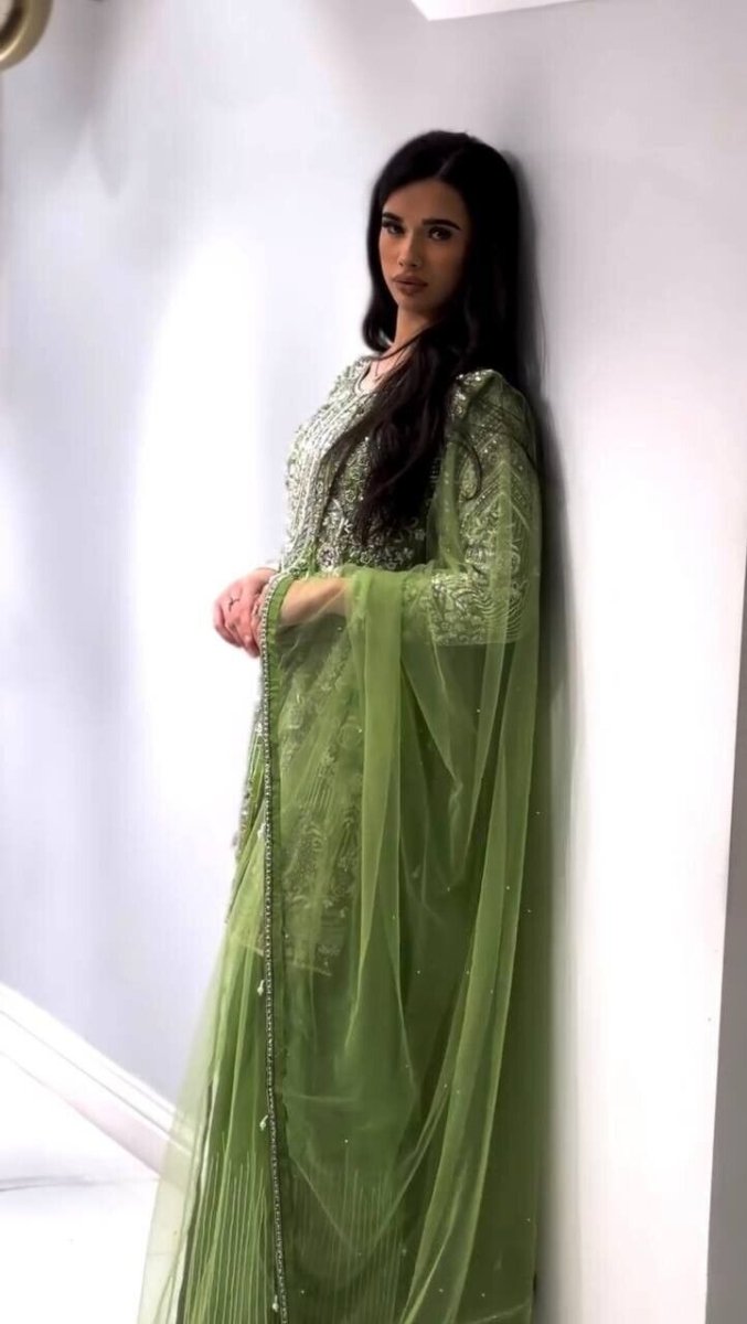 Indian Green Chinnon Silk Sharara Palazzo Salwar Kameez Set with Net Dupatta - 001FASHIONFORWARD