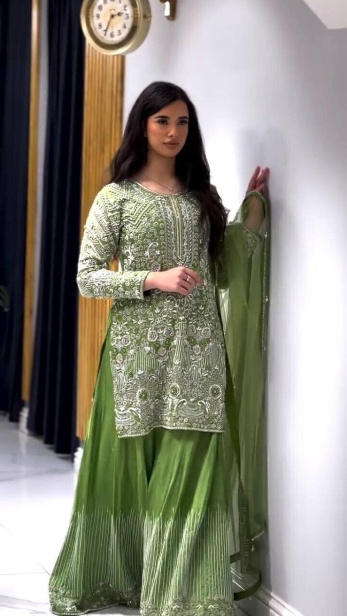 Indian Green Chinnon Silk Sharara Palazzo Salwar Kameez Set with Net Dupatta - 001FASHIONFORWARD