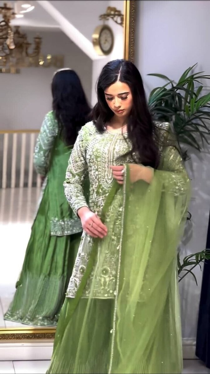 Indian Green Chinnon Silk Sharara Palazzo Salwar Kameez Set with Net Dupatta - 001FASHIONFORWARD