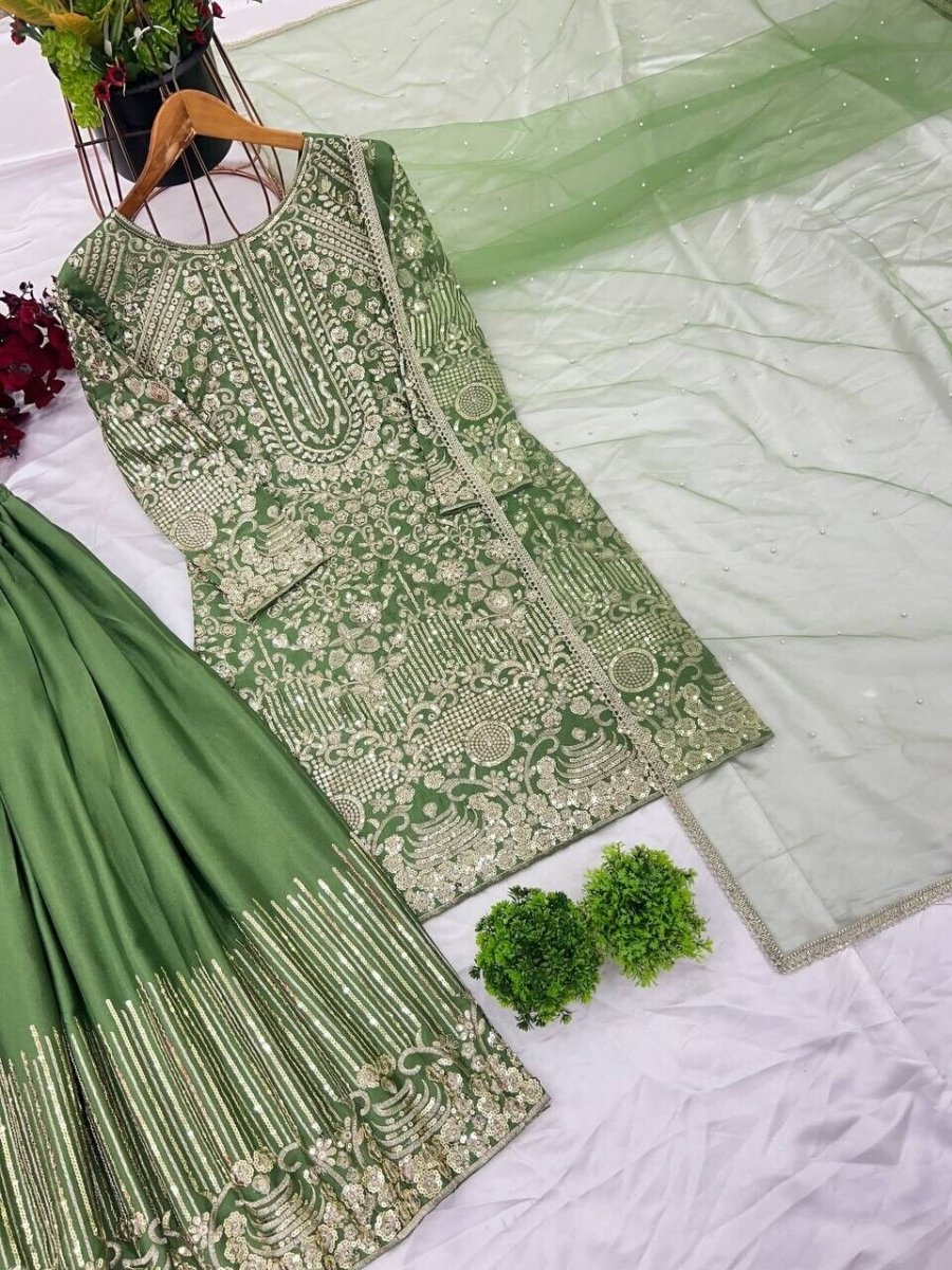 Indian Green Chinnon Silk Sharara Palazzo Salwar Kameez Set with Net Dupatta - 001FASHIONFORWARD