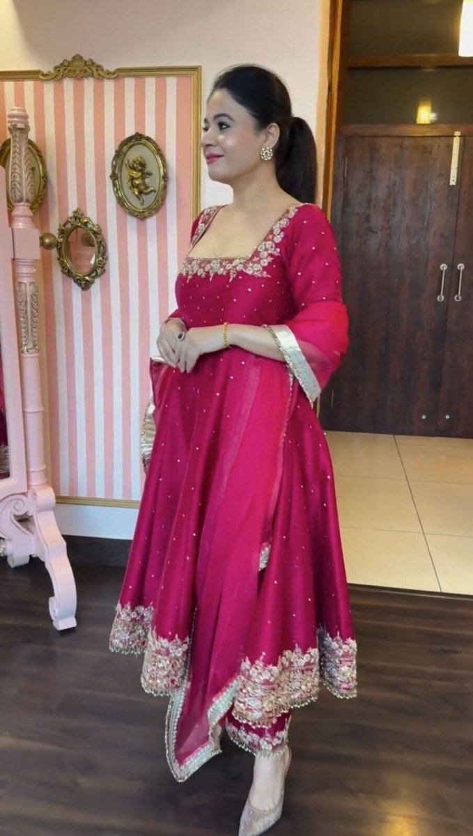 Indian Organza Taby Silk Anarkali Gown Set with Digital Print & Handwork - 001FASHIONFORWARD