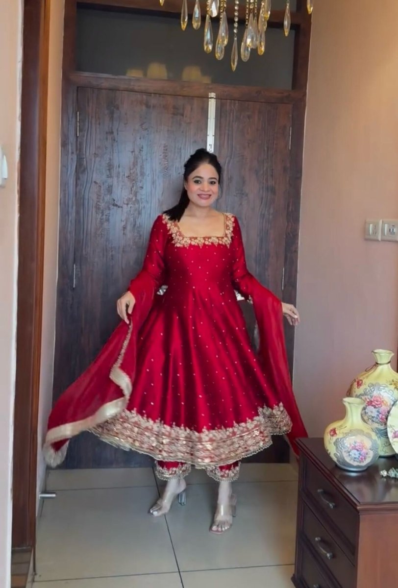 Indian Organza Taby Silk Anarkali Gown Set with Digital Print & Handwork - 001FASHIONFORWARD