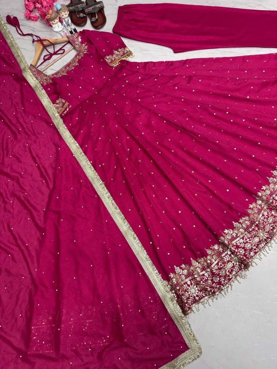 Indian Organza Taby Silk Anarkali Gown Set with Digital Print & Handwork - 001FASHIONFORWARD