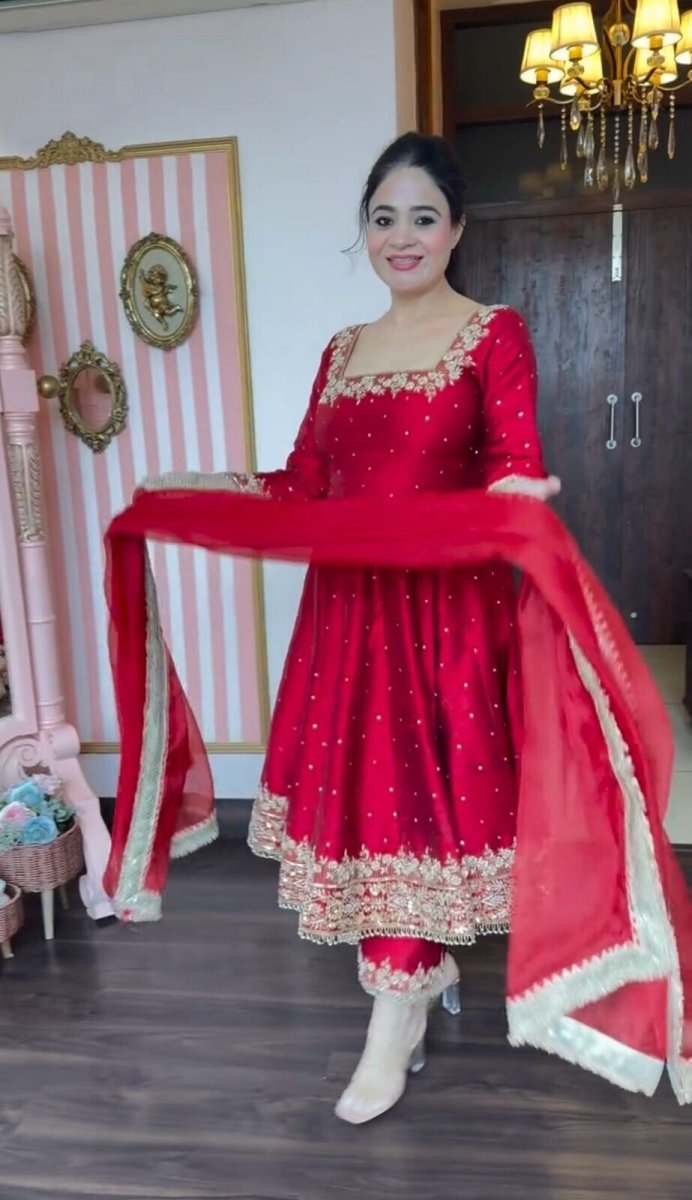 Indian Organza Taby Silk Anarkali Gown Set with Digital Print & Handwork - 001FASHIONFORWARD