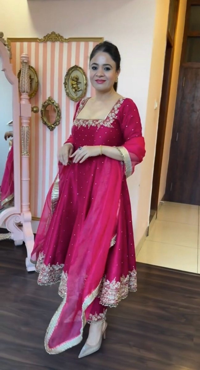 Indian Organza Taby Silk Anarkali Gown Set with Digital Print & Handwork - 001FASHIONFORWARD