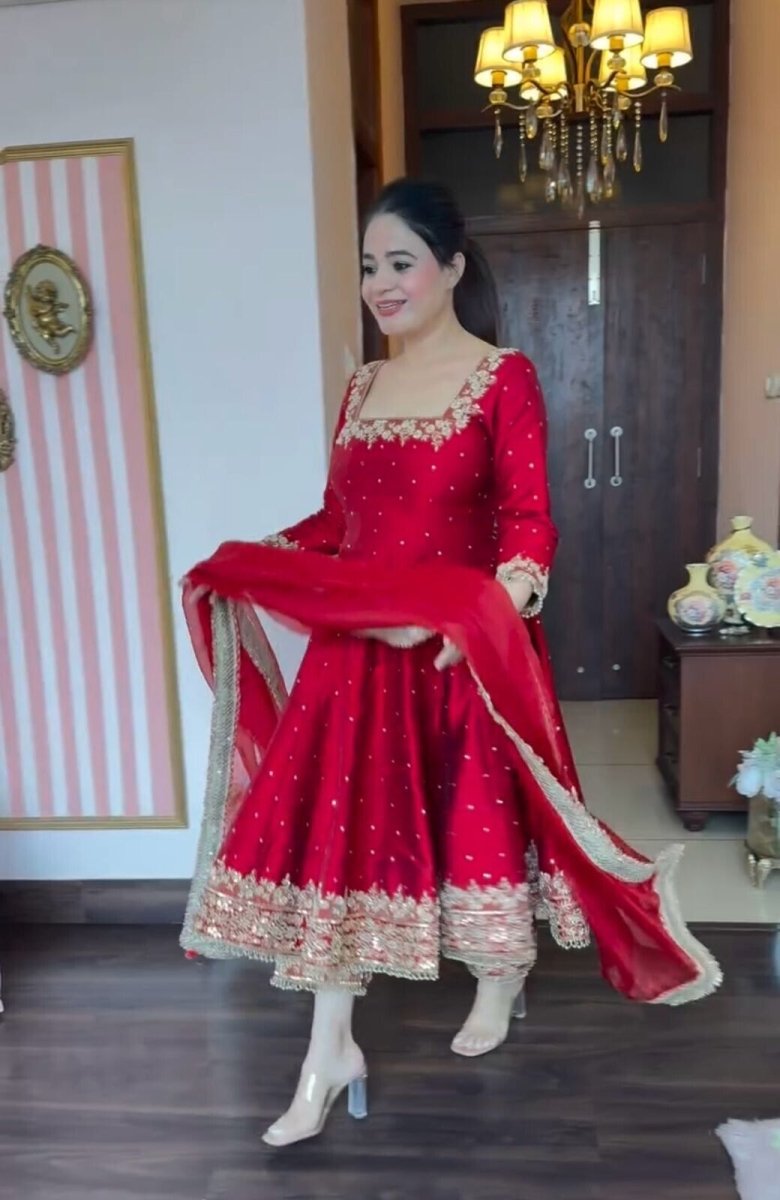 Indian Organza Taby Silk Anarkali Gown Set with Digital Print & Handwork - 001FASHIONFORWARD
