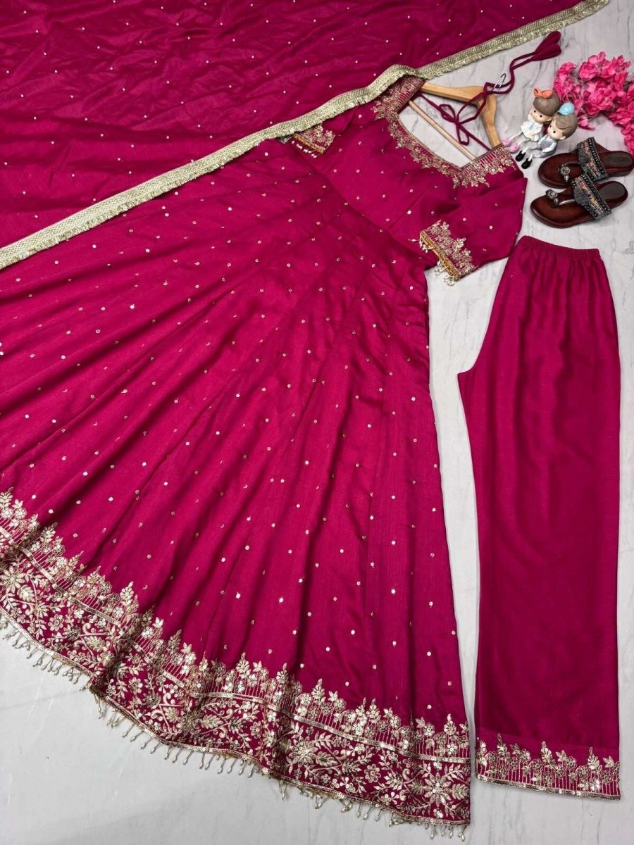 Indian Organza Taby Silk Anarkali Gown Set with Digital Print & Handwork - 001FASHIONFORWARD