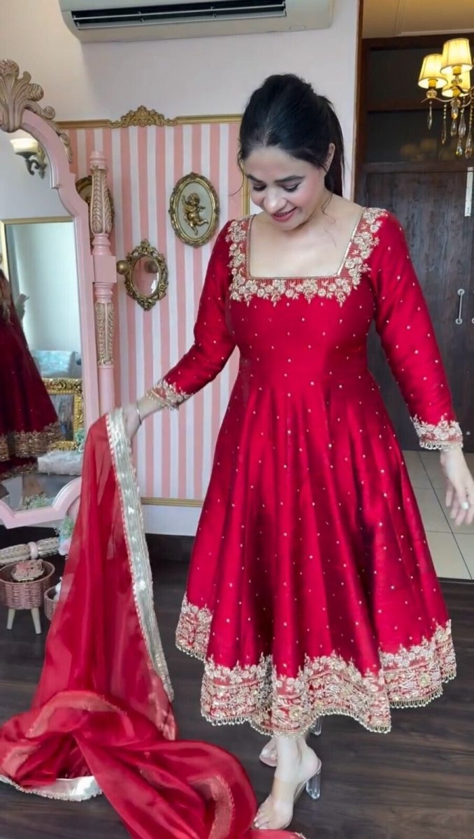 Indian Organza Taby Silk Anarkali Gown Set with Digital Print & Handwork - 001FASHIONFORWARD