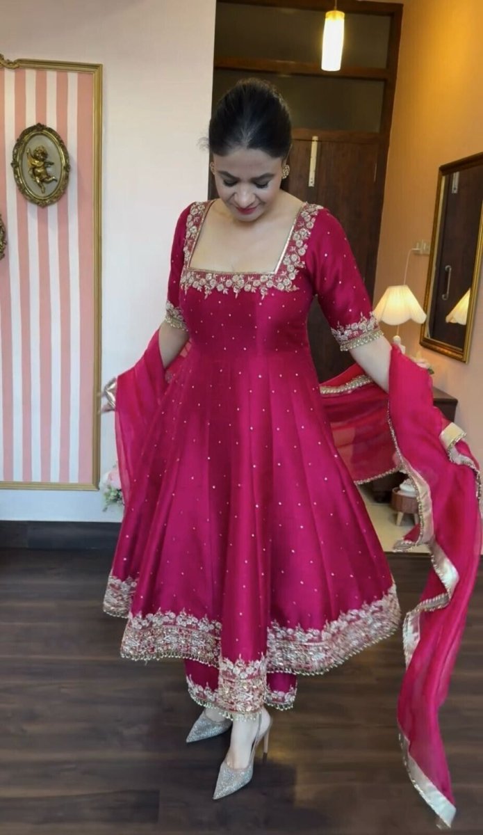 Indian Organza Taby Silk Anarkali Gown Set with Digital Print & Handwork - 001FASHIONFORWARD