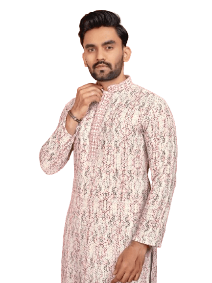 Indian Pakistani Cotton Men Long Kurta Pajama – Lucknowi Work (2PC Set) - 001FASHIONFORWARD