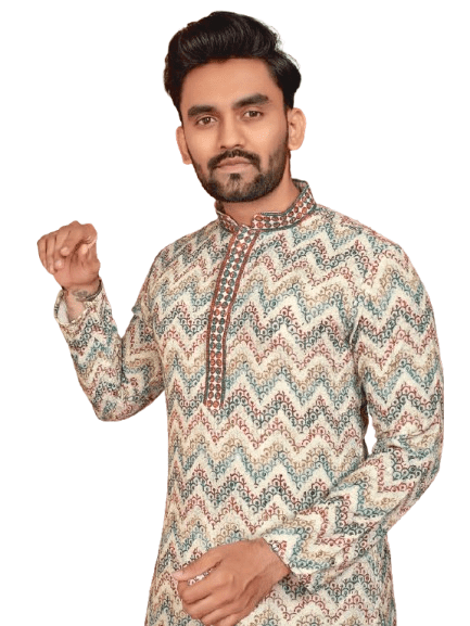 Indian Pakistani Cotton Men Long Kurta Pajama – Lucknowi Work (2PC Set) - 001FASHIONFORWARD