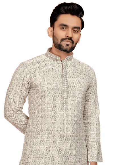 Indian Pakistani Cotton Men Long Kurta Pajama – Lucknowi Work (2PC Set) - 001FASHIONFORWARD