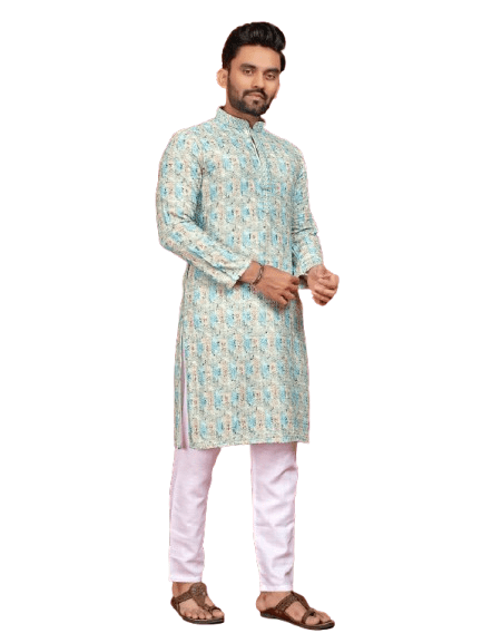 Indian Pakistani Cotton Men Long Kurta Pajama – Lucknowi Work (2PC Set) - 001FASHIONFORWARD