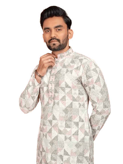 Indian Pakistani Cotton Men Long Kurta Pajama – Lucknowi Work (2PC Set) - 001FASHIONFORWARD