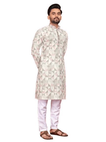 Indian Pakistani Cotton Men Long Kurta Pajama – Lucknowi Work (2PC Set) - 001FASHIONFORWARD
