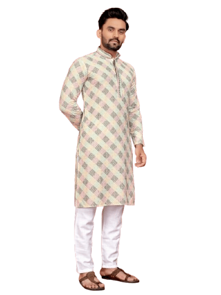 Indian Pakistani Cotton Men Long Kurta Pajama – Lucknowi Work (2PC Set) - 001FASHIONFORWARD