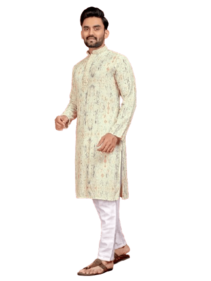 Indian Pakistani Cotton Men Long Kurta Pajama – Lucknowi Work (2PC Set) - 001FASHIONFORWARD