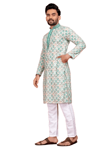 Indian Pakistani Cotton Men Long Kurta Pajama – Lucknowi Work (2PC Set) - 001FASHIONFORWARD