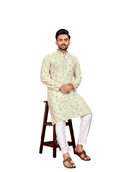 Indian Pakistani Cotton Men Long Kurta Pajama – Lucknowi Work (2PC Set) - 001FASHIONFORWARD