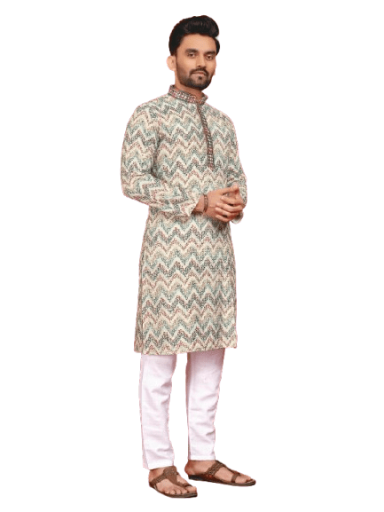 Indian Pakistani Cotton Men Long Kurta Pajama – Lucknowi Work (2PC Set) - 001FASHIONFORWARD
