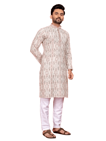 Indian Pakistani Cotton Men Long Kurta Pajama – Lucknowi Work (2PC Set) - 001FASHIONFORWARD