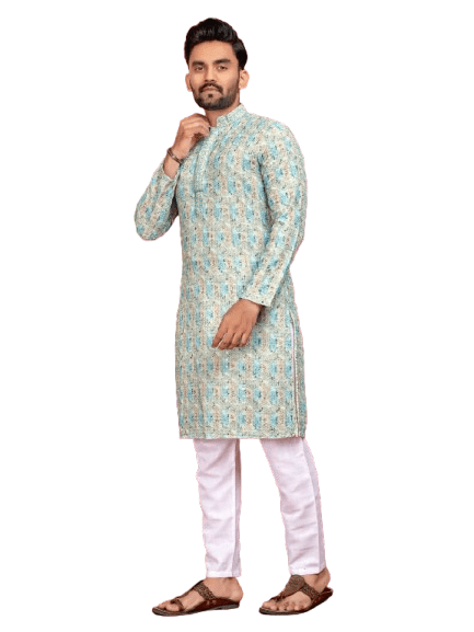 Indian Pakistani Cotton Men Long Kurta Pajama – Lucknowi Work (2PC Set) - 001FASHIONFORWARD
