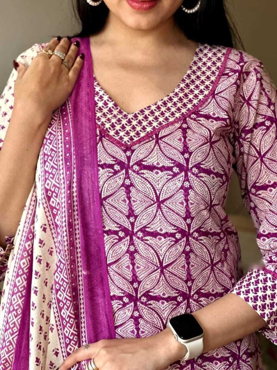 Indian Pakistani Salwar Kameez Set – Cotton Kurti, Pant & Dupatta Fully Stitched - 001FASHIONFORWARD