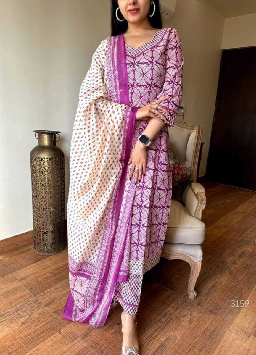 Indian Pakistani Salwar Kameez Set – Cotton Kurti, Pant & Dupatta Fully Stitched - 001FASHIONFORWARD