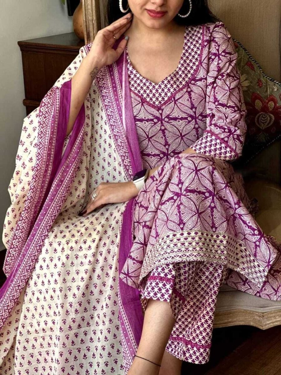 Indian Pakistani Salwar Kameez Set – Cotton Kurti, Pant & Dupatta Fully Stitched - 001FASHIONFORWARD