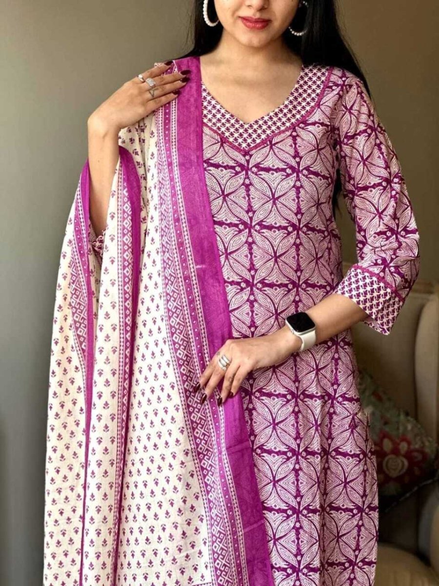 Indian Pakistani Salwar Kameez Set – Cotton Kurti, Pant & Dupatta Fully Stitched - 001FASHIONFORWARD