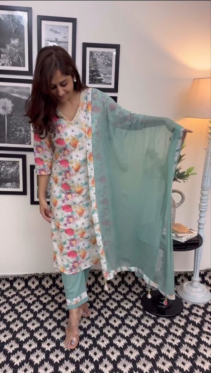 Indian Pakistani Salwar Kameez Set – Silk Kurti, Dupatta & Pant Set Handwork - 001FASHIONFORWARD
