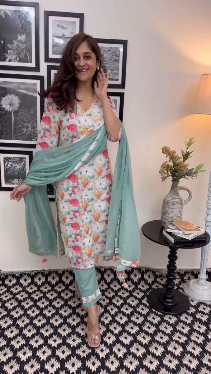 Indian Pakistani Salwar Kameez Set – Silk Kurti, Dupatta & Pant Set Handwork - 001FASHIONFORWARD