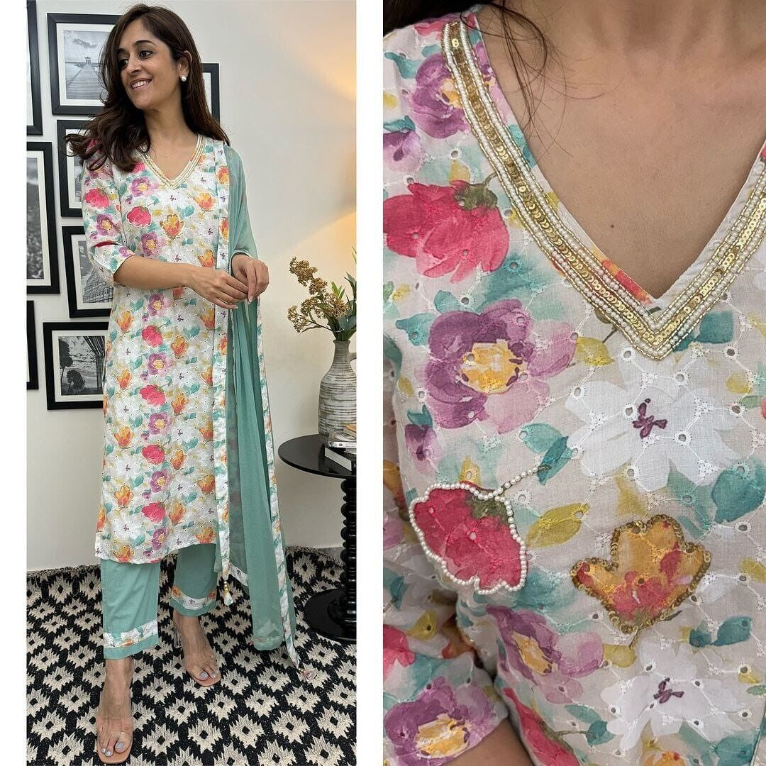 Indian Pakistani Salwar Kameez Set – Silk Kurti, Dupatta & Pant Set Handwork - 001FASHIONFORWARD