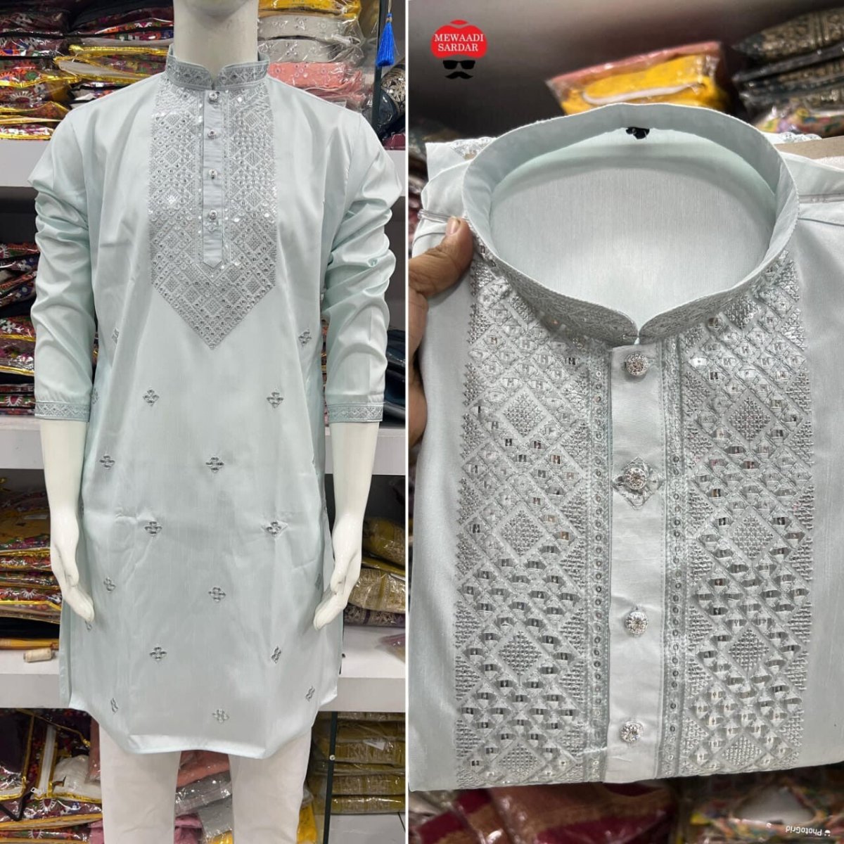 Indian Pakistani Silk Long Kurta Pajama Embroidery Readymade Men's Wedding Dress - 001FASHIONFORWARD
