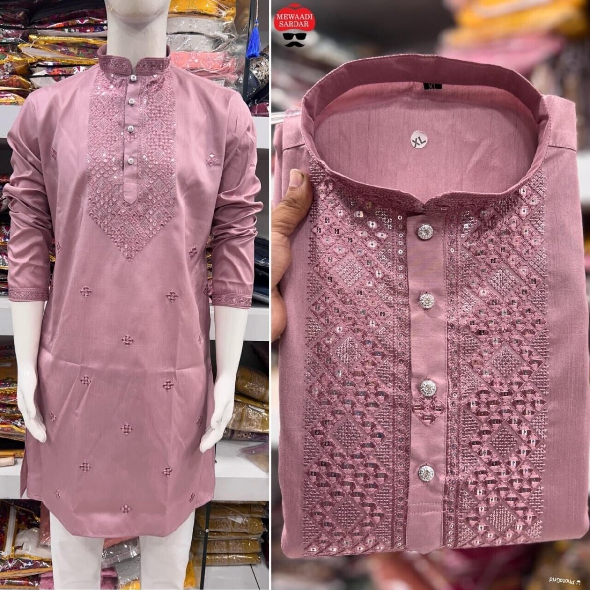 Indian Pakistani Silk Long Kurta Pajama Embroidery Readymade Men's Wedding Dress - 001FASHIONFORWARD